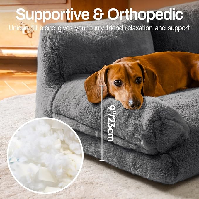 MEWOOFUN Dog Beds for Small Medium Dogs with Removable Washable Cover, Fluffy Dog Sofa with Non-Slip Bottom (Dark Grey, 33.5" L X 25.6" W X 11.5" Th)-Mewly Pet
