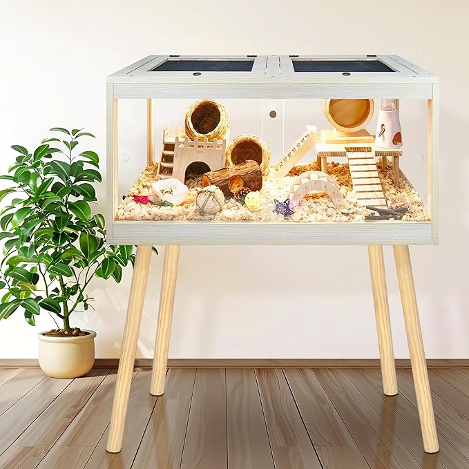 Prolee Hamster Cage Chewproof, Mice and Rat Habitat with Transparent Sides, Hamster Cage with Openable Mesh Top, Solid Built with Lock Design and Leg Stand, 32" Wide-Mewly Pet