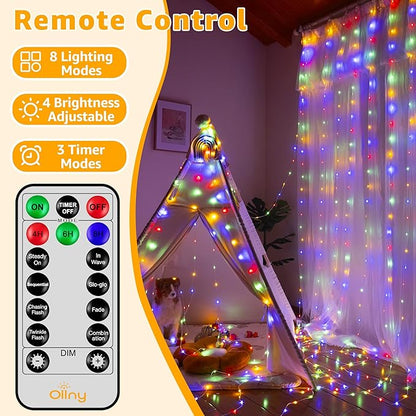 Ollny Curtain Lights 300 LED 9.8FT x 9.8FT, Connectable IP67 Waterproof Outdoor Christmas Curtain Lights with Remote, Plug-in Untangle Fairy Lights with 8 Modes&Timers for House Decor(Multicolored)