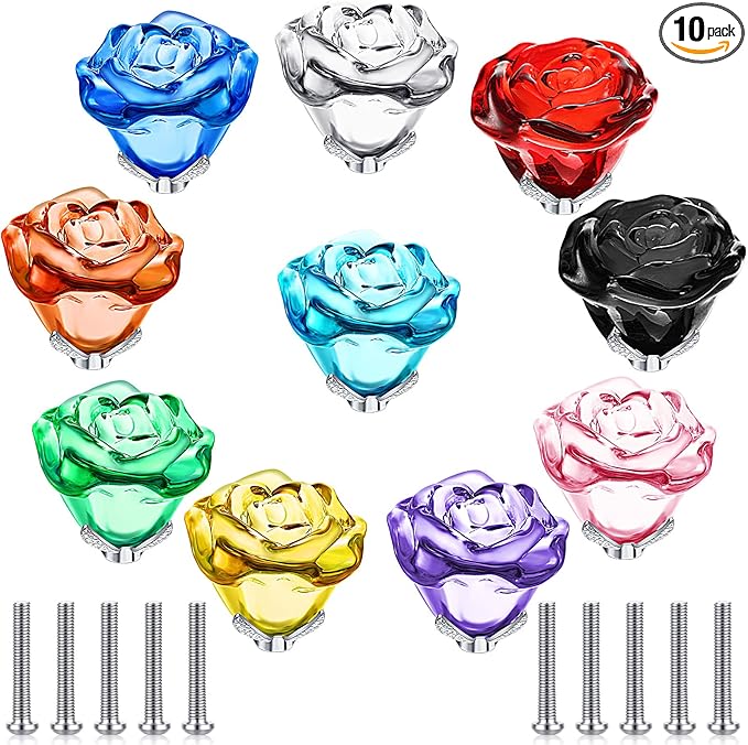 Youyole 10 Pcs Dresser Crystal Knobs 30mm Glass Pull for Cabinets and Drawers Knobs for Dresser Drawers and Kitchen(Rose Flower Style)