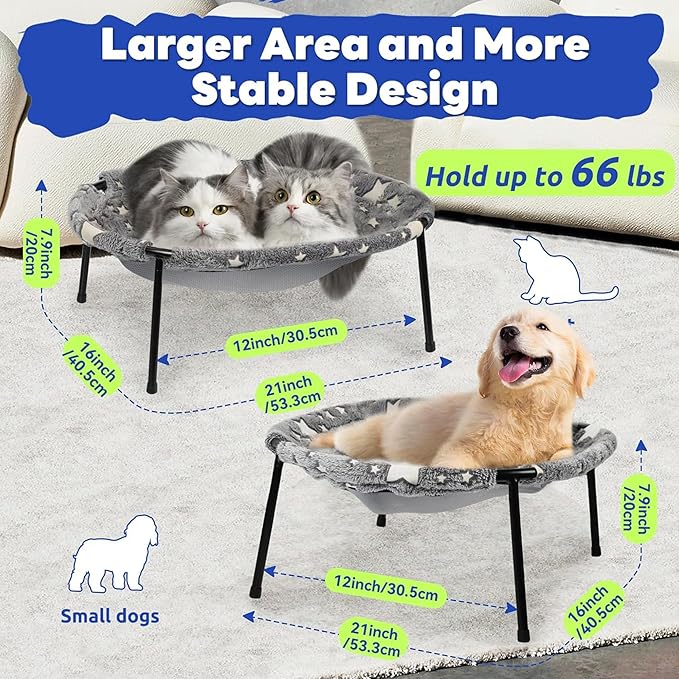 Elevated Cat Bed, Glow-in-The-Dark Fabric Cat Hammock Bed for Large Indoor Cats, Machine Washable & Breathable Cover, Tool Free Easy Assembly, up to 66Lbs (Gray, L)-Mewly Pet