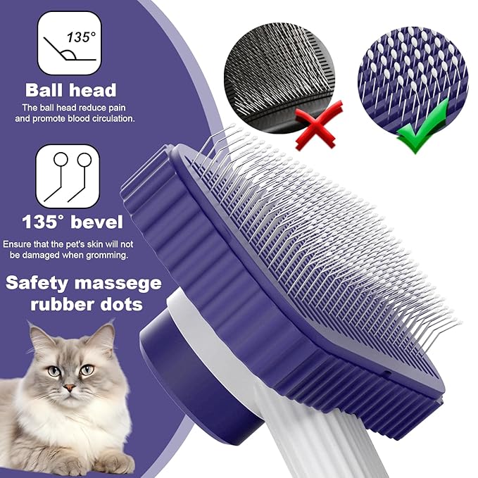 Cat brush, Cat Brush for Long or Short Haired Cats, Remove Loose Fur and Mats, Rounded Pins Reduces Painful Pulling, Not for Tangle and Curly Fur, Dark Blue-Mewly Pet