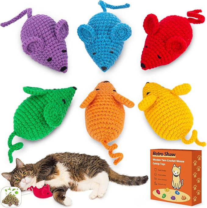 Retro Shaw Catnip Toys Crochet Mouse, 6 Pcs Yarn Cat Nip Mice Safe Teeth Cleaning Chew Toy for Indoor Kittens Kitty, Interactive Catnip Cat Kicker Toys-Mewly Pet