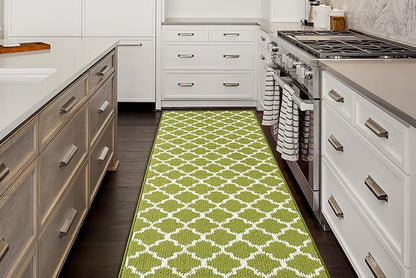 Custom Size Moroccan Trellis Runner Rug Mat for Wide Hallway Entryway Kitchen Laundry Room with Slip Resistant Latex Rubber Backing, Trellis Green, 31 inch X 10 feet