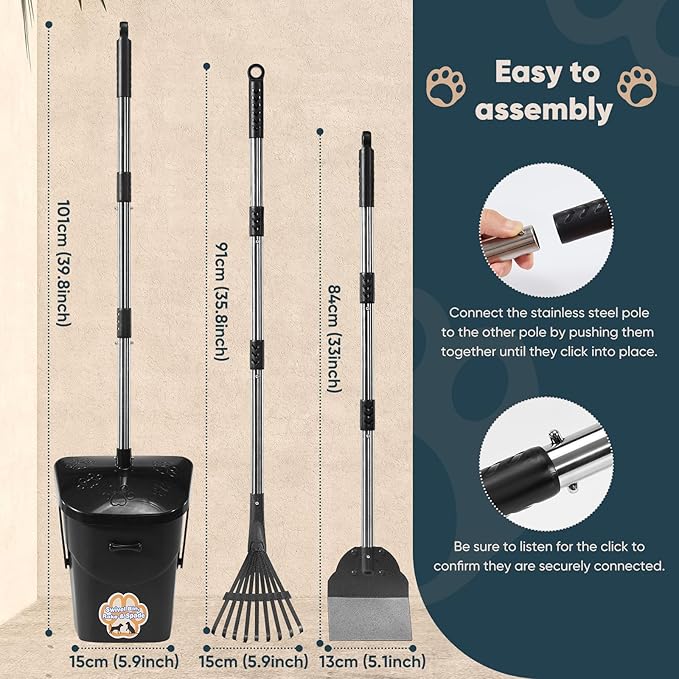 Stainless Steel Dog Pooper Scooper,40" Long Handle Swivel Bin, Rake and Spade,20 Waste Bags & Hook - Heavy Duty Portable Metal Poop Scooper for Large,Medium and Small Dogs-Mewly Pet