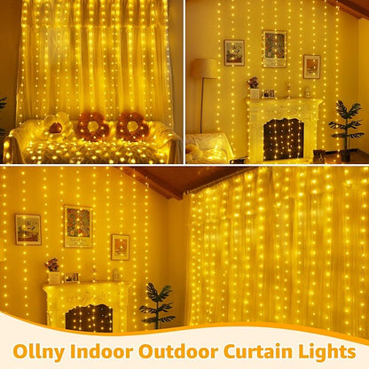 Ollny Curtain Lights 300LED 9.8ftx9.8ft, Connectable IP67 Waterproof Outdoor Curtain String Lights with Remote, Plug-in Untangle Fairy Lights with 8 Modes 3 Timers for Wall Backdrop Decor(Warm White)