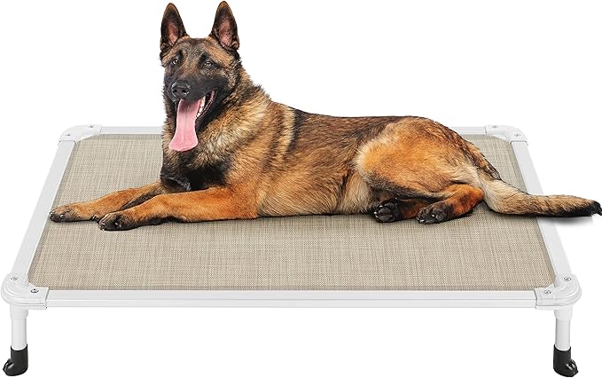 Veehoo Chew Proof Elevated Dog Bed - Cooling Raised Pet Cot - Silver Aluminum Frame and Durable Textilene Mesh Fabric, Unique Designed No-Slip Feet for Indoor or Outdoor Use, Beige Coffee, Large-Mewly Pet