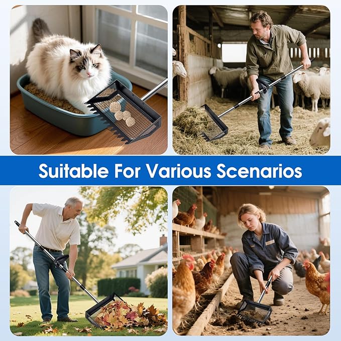 Chicken Poop Scooper & Rake 2-in-1, 32 to 68" Adjustable Stainless Steel Chicken Litter Scoop with Handle and Glove for Chick Coop Sands Multifunctional Litter Sifting Shovel for Hen Animals House-Mewly Pet