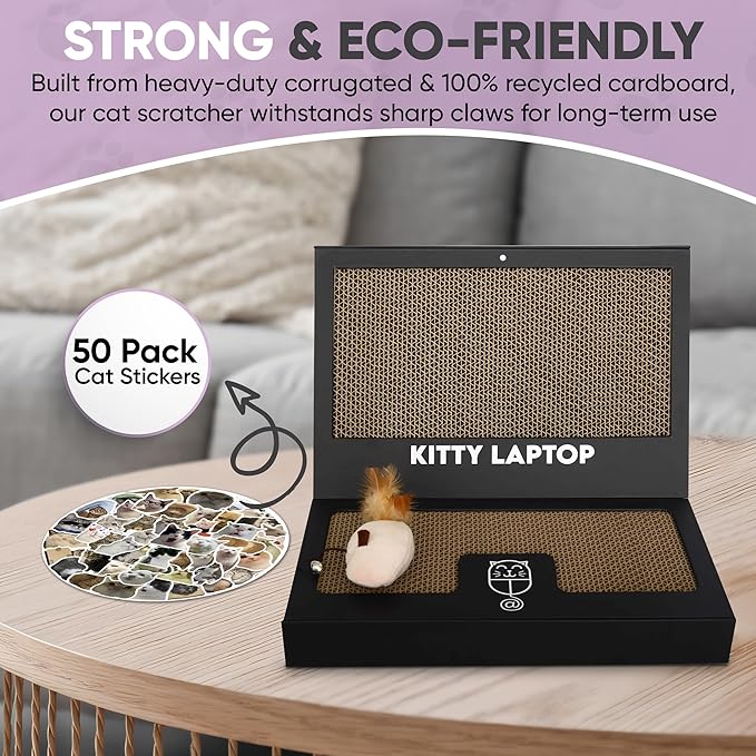 Toy Cat Laptop with 2 Scratchboards + Catnip Mouse Toy for Cats + 50pack Cat Sticker - Interactive Eco-Friendly Cat Computer with Scratch Pad Laptop for Cats - Mini Cat Laptop-Mewly Pet