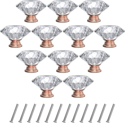 12-Pack Crystal Glass Cabinet Knobs for Home Decor, Vanity Drawers, Desks, Wardrobe Doors, Standard Screws Easy Installation for Home Refurbishment and Redecoration (Clear Crystal, 40mm, Pink Base)