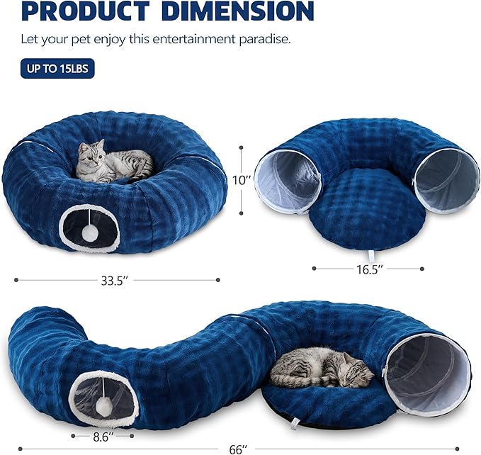 Bubble Cat Tunnel for Indoor Cats, Round Peekaboo Cave Toy with Dangling Balls, Donut Tunnel Bed with Circle Mat for Puppy Kitten Rabbit, Navy Blue-Mewly Pet