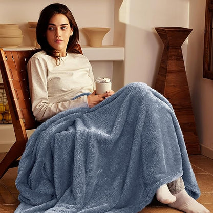 Exclusivo Mezcla Plush Fuzzy Fleece Bed Blanket Queen Size, Super Soft, Fluffy and Warm Blankets，Suitable for All Seasons (Stone Blue, 90x90 Inches)