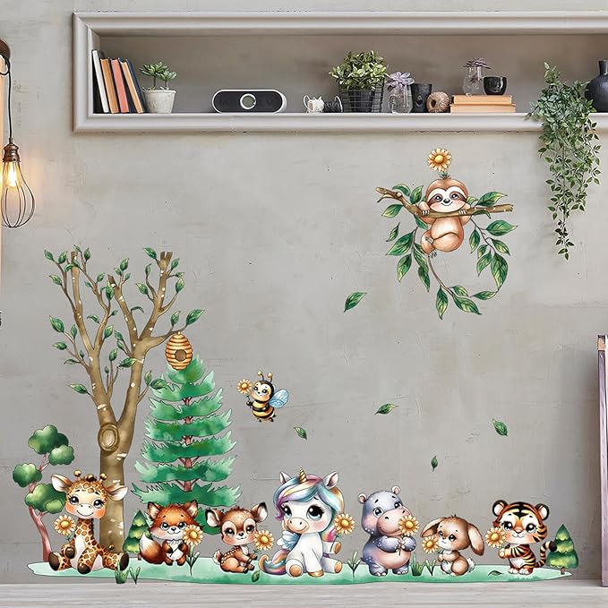 Jungle Animal Wall Stickers Forest Safari Wall Decals Kid Room Nursery Baby Bedroom Décor (Animal Chrysanthemum)