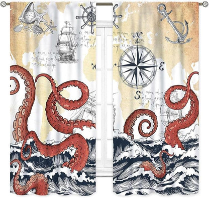 Nautical Octopus Curtains, Coastal Old Pirate Map Sailboat Compass Ocean Wave Kraken Octopus Tentacles Vintage Window Drapery Treatment for Bedroom Living Room Kitchen Bathroom 2 Panels, 63"x72" Inch