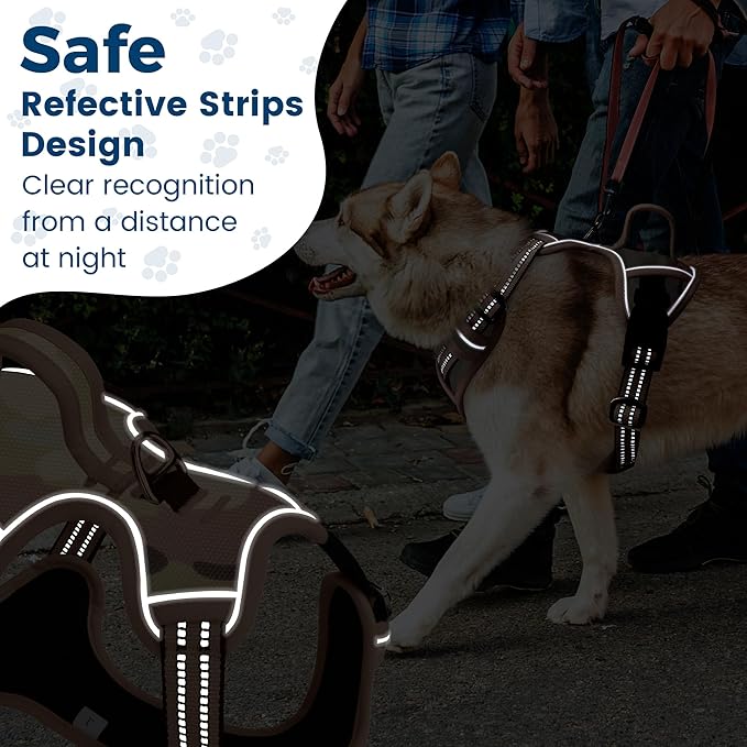 Funfox Dog Harness No Pull, Adjustable Pet Vest Harness, Super Soft Material with Vertical Handle Easy Control, Reflective Night Walking, 2 Leash Clips for XLarge Dogs, Camo Brown, XL-Mewly Pet