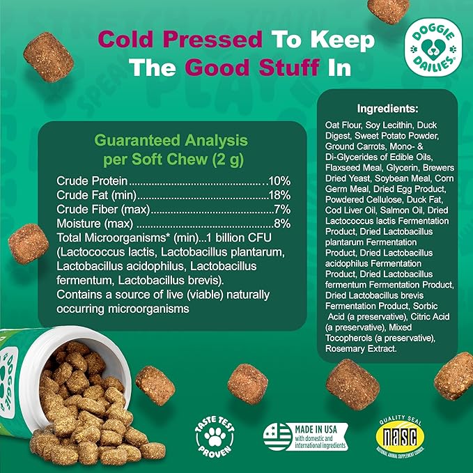 Doggie Dailies Probiotics for Dogs, Advanced Probiotics with Prebiotics, Promotes Digestive Health, Supports Immune System & Overall Health, Duck Flavor, 225 Chews-Mewly Pet