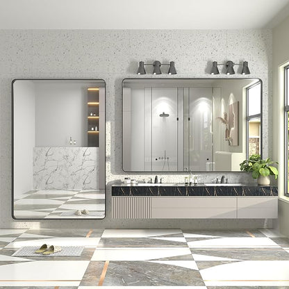 60x40 Inch Black Metal Framed Bathroom Mirror for Wall, Large Rounded Rectangle Mirror, Matte Black Bathroom Vanity Mirror, Anti-Rust, Shatterproof, Hangs Horizontally or Vertically