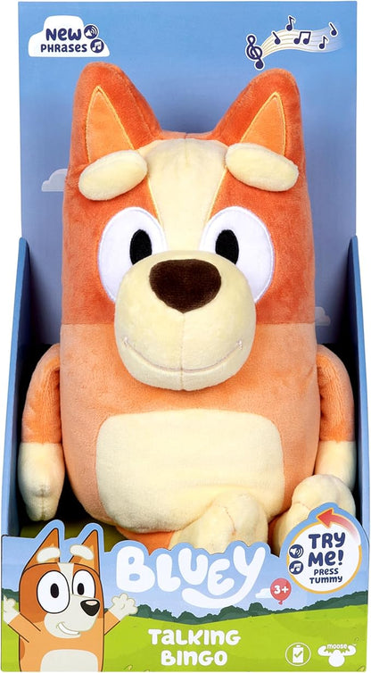 Bluey Sound Effects Talking Bingo Plush Toy, 13” Soft Bingo Toy, Interactive Stuffed Animal with 9 Different Phrases, Musical Toys for Kids