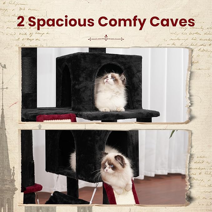 Cat Tree for Indoor Cats, 71'' (180cm) Multi-Level Cat Tower for Large Adult, Gothic Sturdy Cat Tree House with 2 Scratching Boards 7 Posts, 2 Plush Perches/Condos, Hammock, Black GCT032BR-Mewly Pet