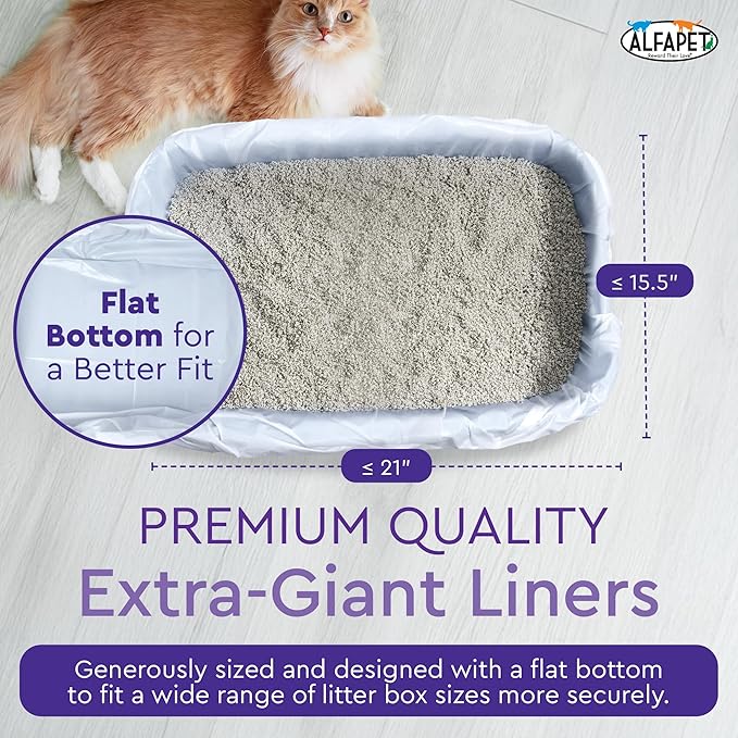 Alfapet Heavy Duty Flat Bottom Cat Litter Box Liners - Extra Giant 15 Count - Tear-Resistant Cat Litter Bags - Kitty Litter Liners for Rectangular Litterbox Pans, 36” x 18” x 2MIL Thick 30 lb Capacity-Mewly Pet