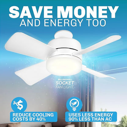 Bell+Howell Socket Breeze Socket Fan Light with Remote, Portable Small Ceiling Fans with Lights for Bedroom, Kitchen, Living Room, Ceiling Fan with Light 3500K, 1000 Lumens, Screws into E26/E27
