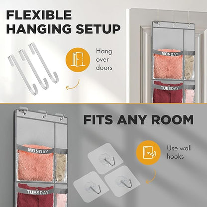 Over the Door Weekly Clothes Organizer - 5 Shelf Hanging Closet Storage with Day of the Week Labels - Weekly Clothes Organizer For Kids - Space-Saving Over Door or Wall Hanging Organizer (Grey)