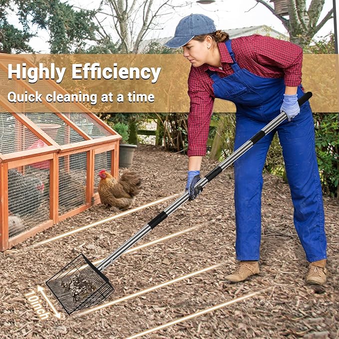 10inch Large Metal Chicken Poop Scooper, 24 to 68" Long Chicken Coop Litter Scoop with Stainless Steel Handle, 4 in 1 Multifunctional Heavy Duty Litter Sifting Shovel Chicken Coop Accessories-Mewly Pet