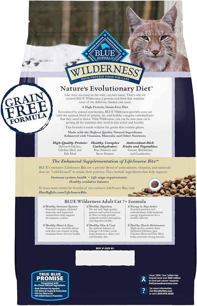 Blue Buffalo Wilderness Natural Mature Dry Cat Food for Cats 7+ Years, High-Protein and Grain-Free Diet, Supports Immune System Health and Energy to Stay Active, Chicken, 5-lb. Bag-Mewly Pet