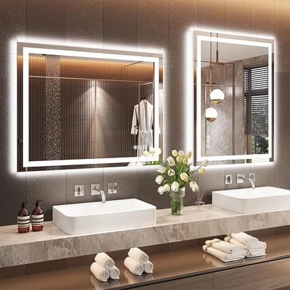 28"X36" LED Bathroom Mirror with Front Lights and Backlit, Anti-Fog, Dimmable, Shatter-Proof Tempered Glass, Lighted Bathroom Vanity Mirror for Wall with 3 Colors, Memory Function