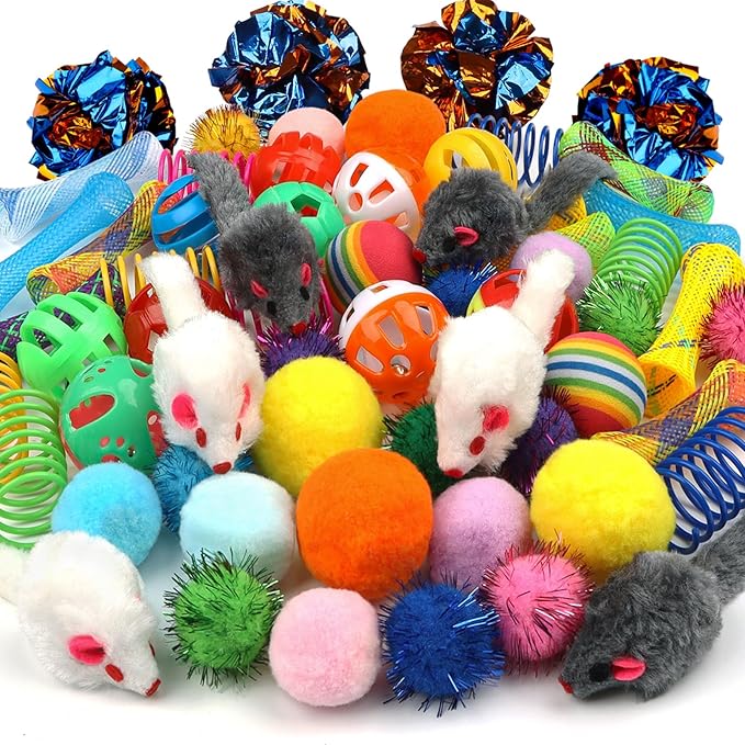 Kitten Toys, 60PCS Cat Balls Springs Toy Set, Cat Mouse Toy, Kitten Sparkle Crinkle Balls Furry Soft Pom Pom-Mewly Pet