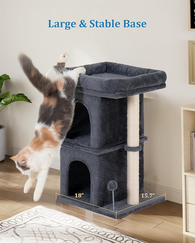 24in Cat Tree Tower with Scratching Post, 19 * 16.5in Window Perch for Large Cats, 2 Cat Condo Cubbies for Indoor Kittens, Dark Gray-Mewly Pet