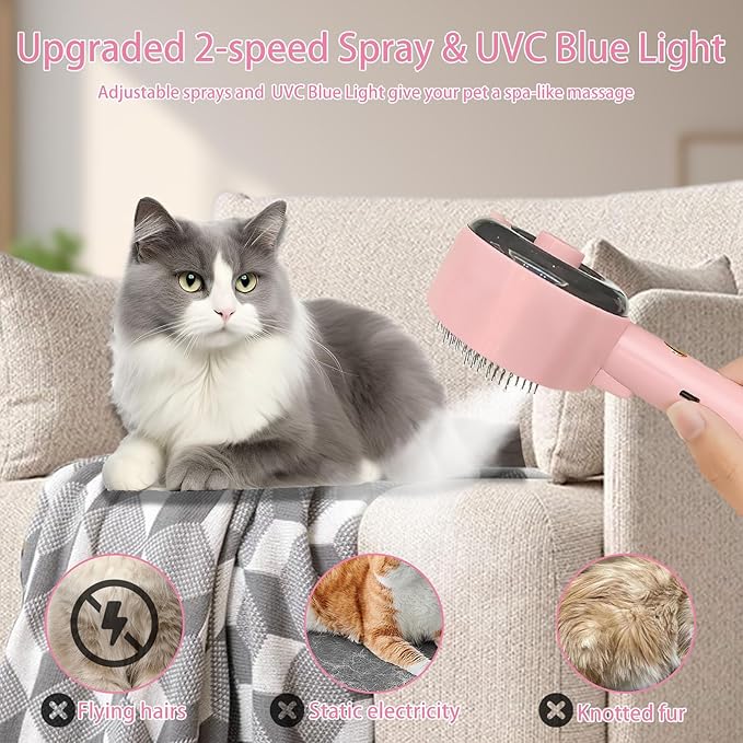 Cat Steam Brush For Shedding, Steamy Dog Grooming Brush With 2-Speed Spray, Blue Light And Release Button, Rechargeable Water Pet Hair Brushes Wet Self Cleaning Spa Comb-Mewly Pet
