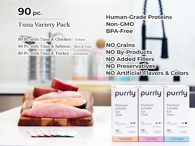 Purrly Healthy Premium Cat Treats Snack Topper Tuna Variety Bundle (90 Count) Lickable Wet Squeezable Hydrating Interactive Seafood Grain-Free Naturally Flavored Non-GMO No-Preservative-Mewly Pet