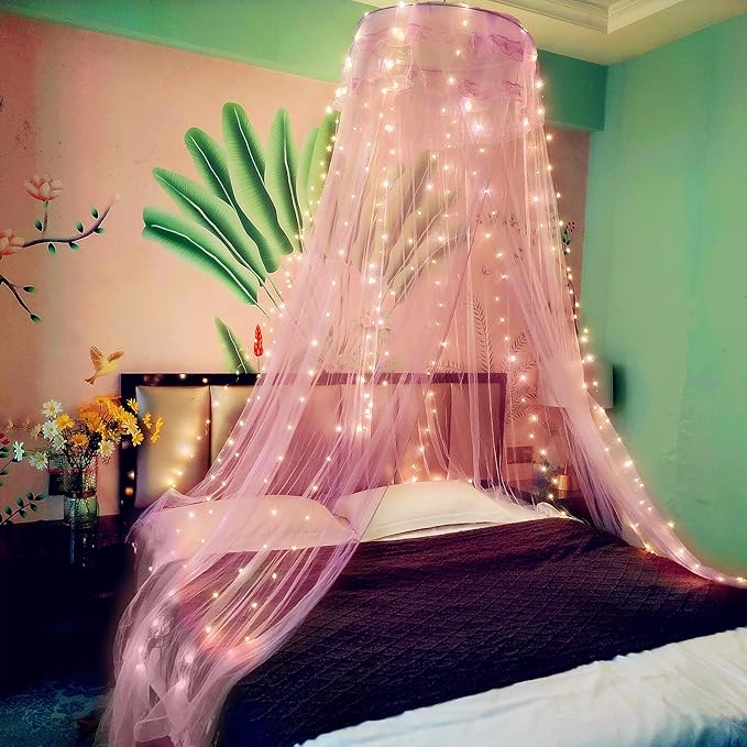 Eimilaly Lace Bed Canopy Mosquito Netting, Princess Bed Canopy for Girls Room Decor, Pink/Single Door