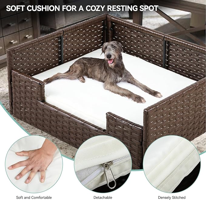 YITAHOME Rattan Dog Sofa Bed with Cushion,Wicker Pet Bed Sofa Couch Indoor Outdoor Waterproof for Large Medium Small Dogs Cats (38.6''L*26.4''W*15''H,Beige)-Mewly Pet