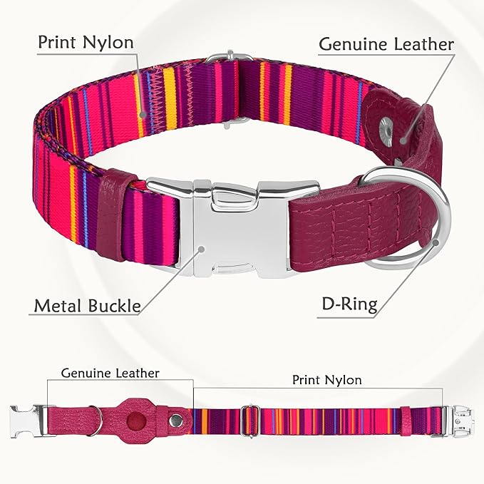 AirTag Dog Collar for Small Medium Large Breed - Adjustable Cute Pattern Dog Collar with Airtag Holder - Soft Leather Tracker GPS Apple Air Tag Pet Collars (Large, 17"-21" Neck Fit, Striped)-Mewly Pet