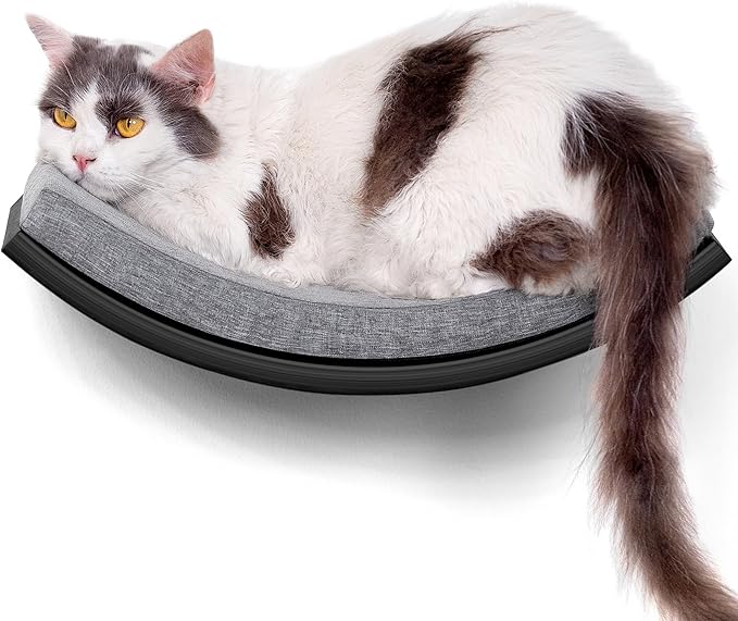 Curved Cat Wall Hammock Bed with Grey Foam Cushion – Floating Cat Wall Shelf Nest for Climbing, Sleeping & Lounging-Mewly Pet