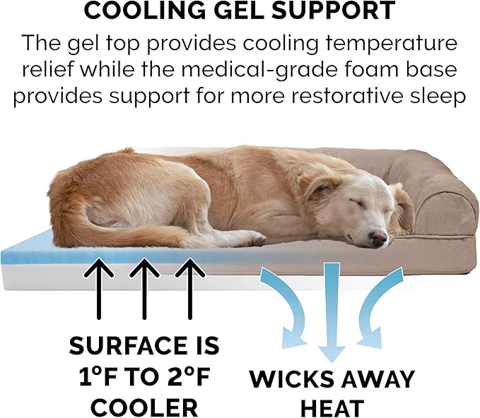 Furhaven Cooling Gel Dog Bed for Large Dogs w/ Removable Bolsters & Washable Cover, For Dogs Up to 95 lbs - Plush & Suede Sofa - Almondine, Jumbo/XL-Mewly Pet