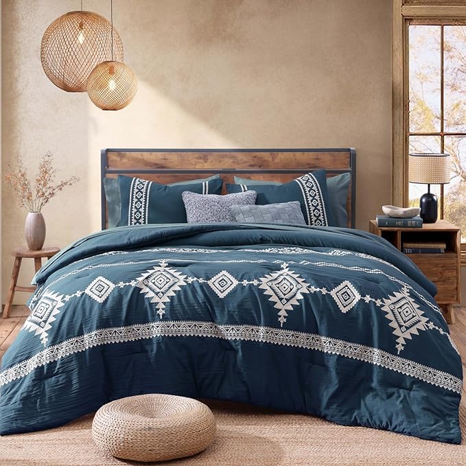 MaiRêve Embroidery Queen Size Comforter Set Navy Blue, Boho Farmhouse Western Bedding Set 7 Pieces, All Season Bed in A Bag Comforter Set with Sheets, Pillowcases & Shams