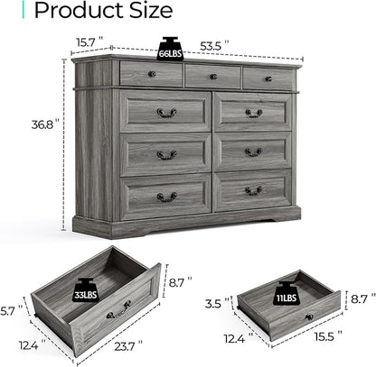LINSY HOME Farmhouse 9-Drawer Dresser - Grey Chest of Drawers for Bedroom and Living Room Organization, Wood Dresser with Ample Storage Space and Rustic Charm, Grey