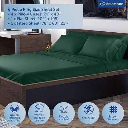 DREAMCARE King Size Sheets Set – 6 pcs Cooling Bed Sheets – up to 21” Deep Pocket King Sheet Set – 2500 Supreme Collection – Extra Soft 100% Brushed Microfiber Hotel Luxury with Side Pocket – E Green