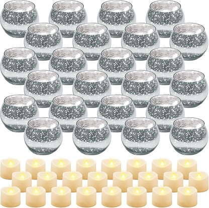 Rtteri 24 Set Votive Candle Holders Wedding Centerpiece Table Decorations Speckled Mercury Glass Votive Candle Holders with Tea Lights Birthday Party Decorations for Home (Silver)