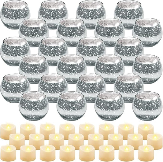 Rtteri 24 Set Votive Candle Holders Wedding Centerpiece Table Decorations Speckled Mercury Glass Votive Candle Holders with Tea Lights Birthday Party Decorations for Home (Silver)