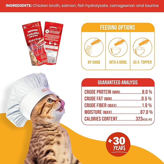 Beefeaters Cat Treats Lickable Puree 1.59oz (12-Pack) – Chicken, Grain-Free, Taurine-Enriched, Ideal for Training & Interactive Feeding-Mewly Pet