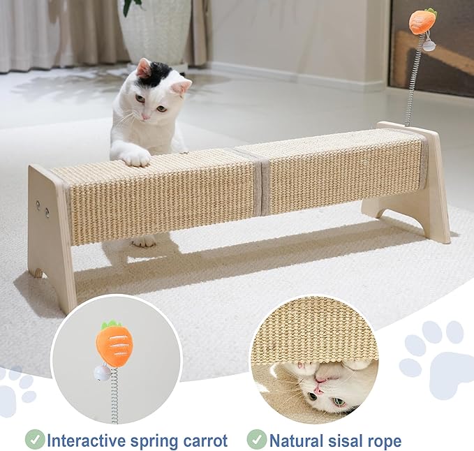 Cat Scratching Post, 30" Horizontal Sisal Scratch Post for Indoor Cats, Durable Cat Furniture Protector with Spring Toy-Mewly Pet