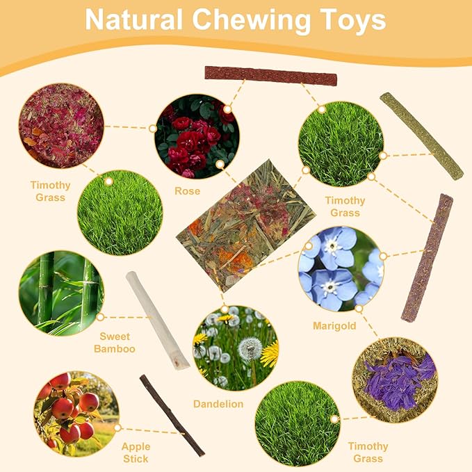 65PCS Rabbit Bunny Guinea Pig Chew Toys Treats, Chinchilla Hamster Chews Toys for Teeth, Timothy Hay Chips Treats Sticks for Rabbit Guinea Pig Chinchilla Hamster Rat-Mewly Pet