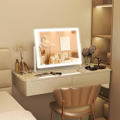 FENNIO Vanity Mirror with Lights 13'' x 17'' Makeup Mirror with Lights,Vanity Mirror Touch Screen with 3-Color Lighting,Dimmable,for Vanity Desk Bedroom White