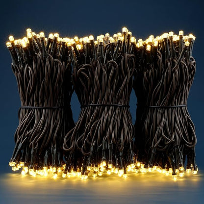 YULETIME 100 ft 300 Count Warm White LED String Lights with 8 Models Adapter, Brown Wire Wide Angle 5mm Christmas Lights (Warm White - Brown Wire)