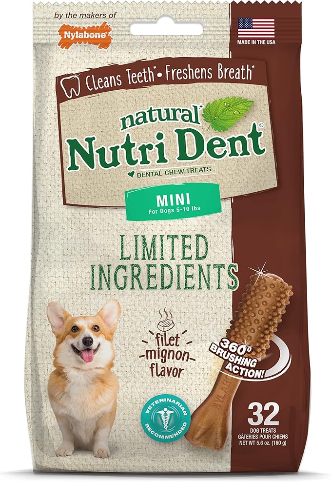 Nylabone Nutri Dent Dog Dental Chews - Natural Dog Teeth Cleaning & Breath Freshener - Dental Treats for Dogs - Filet Mignon Flavor, Mini (32 Count)-Mewly Pet
