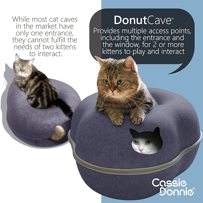 Cat Tunnel Bed for Indoor Cats, Medium Large, Donut Cave House up to 22 Lbs, Spacious for 2 Kittens (Dark Blue)-Mewly Pet